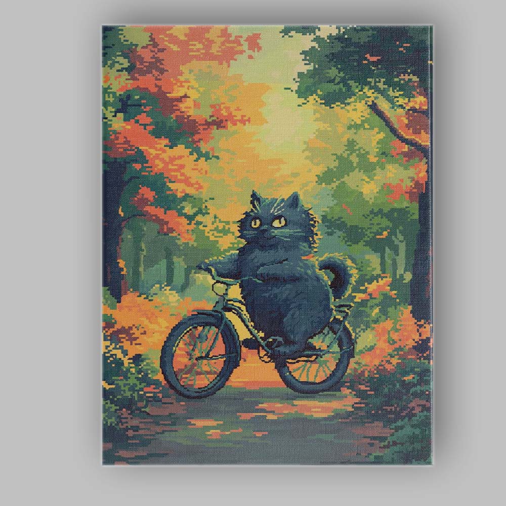 Cute Black Cat Riding Bicycle Autumn Forest Illustration Canvas Wall Art Print Decor Picture Ready to Hang