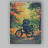 Cute Black Cat Riding Bicycle Autumn Forest Illustration Canvas Wall Art Print Decor Picture Ready to Hang