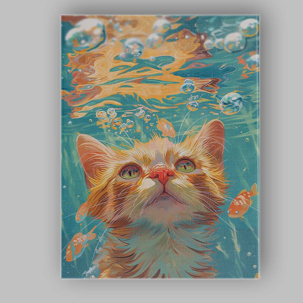 Dreamy Underwater Ginger Cat With Koi Fish Fantasy Canvas Wall Art Print Decor Picture Ready to Hang