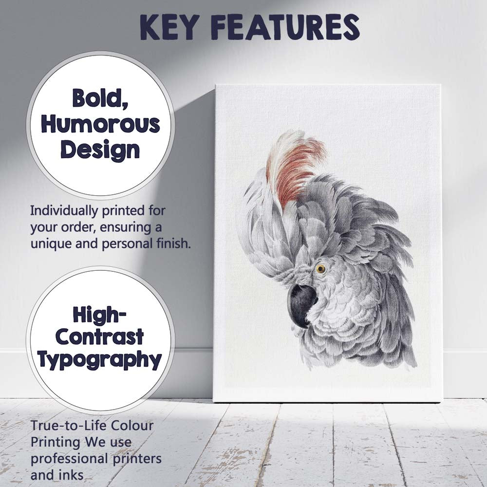 Elegant Grey Cockatoo Portrait Watercolour Bird Illustration Canvas Wall Art Print Decor Picture Ready to Hang