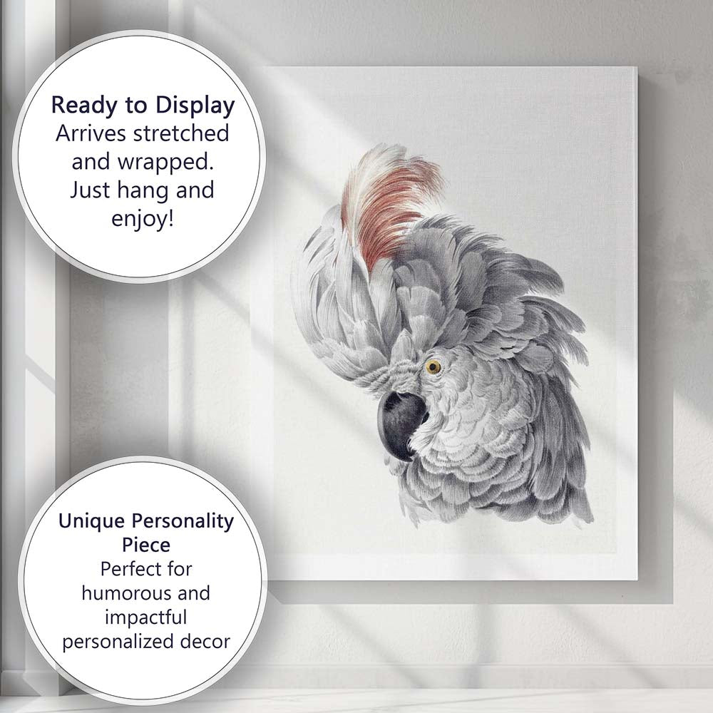 Elegant Grey Cockatoo Portrait Watercolour Bird Illustration Canvas Wall Art Print Decor Picture Ready to Hang