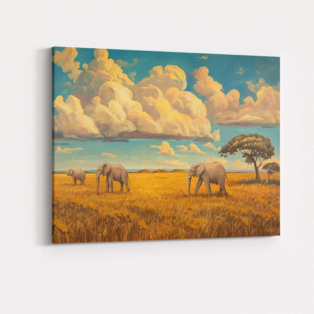 African Elephant Safari Landscape Oil Painting Canvas Wall Art Print Decor Picture Ready to Hang