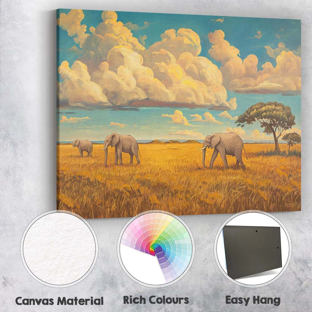 African Elephant Safari Landscape Oil Painting Canvas Wall Art Print Decor Picture Ready to Hang