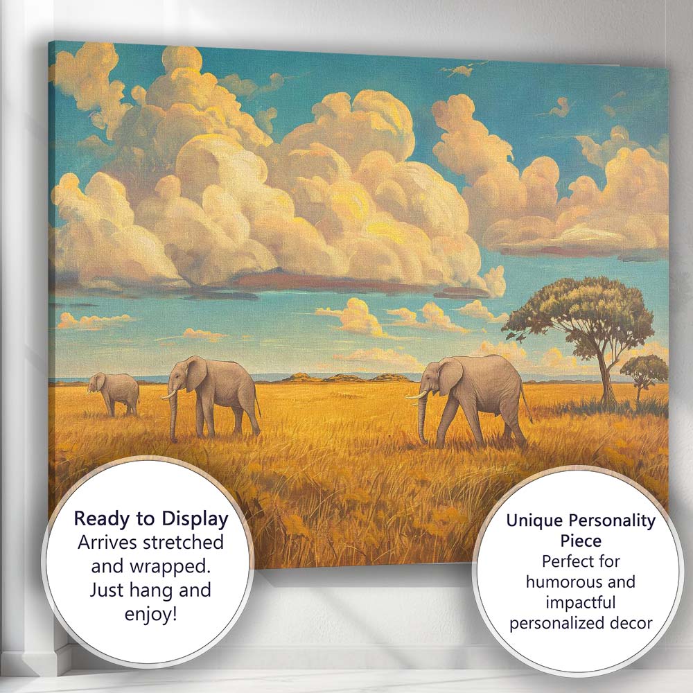 African Elephant Safari Landscape Oil Painting Canvas Wall Art Print Decor Picture Ready to Hang