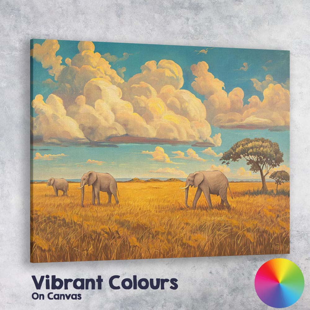 African Elephant Safari Landscape Oil Painting Canvas Wall Art Print Decor Picture Ready to Hang