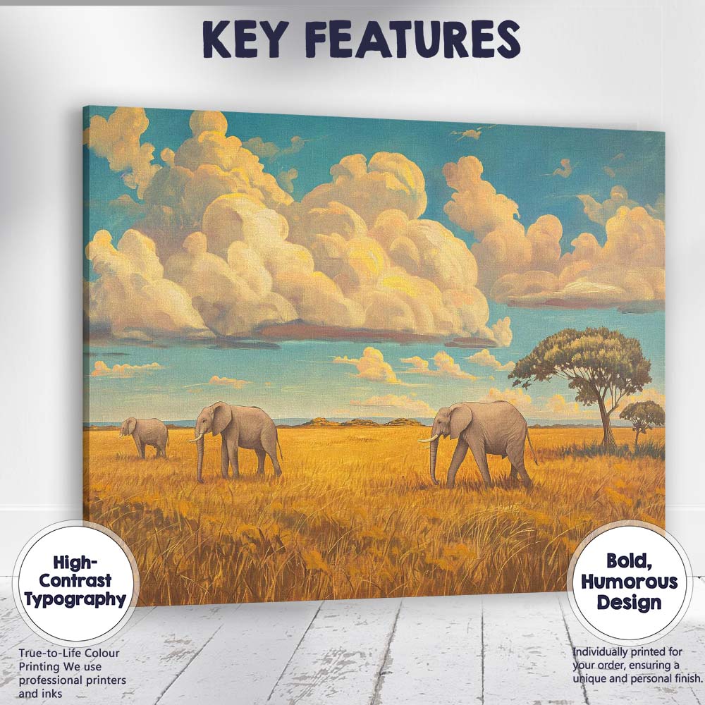 African Elephant Safari Landscape Oil Painting Canvas Wall Art Print Decor Picture Ready to Hang