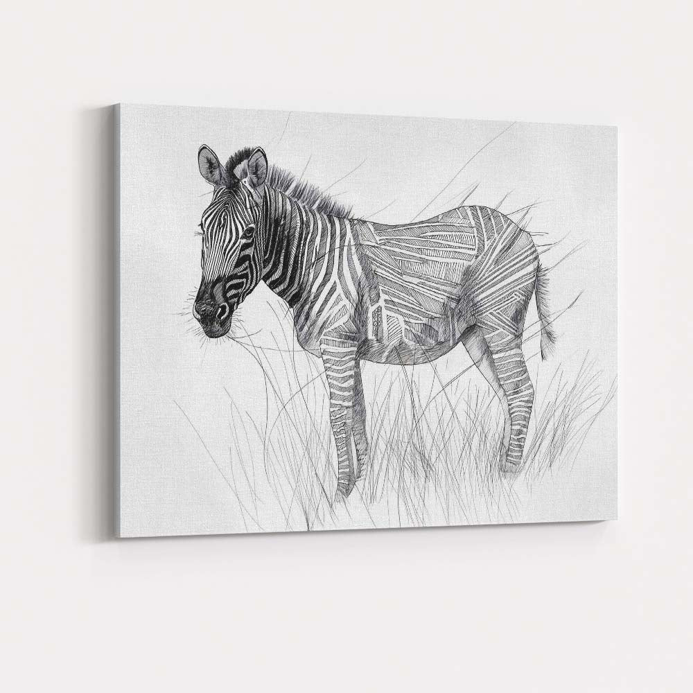 Detailed Black White Zebra Wildlife Pencil Drawing Canvas Wall Art Print Decor Picture Ready to Hang
