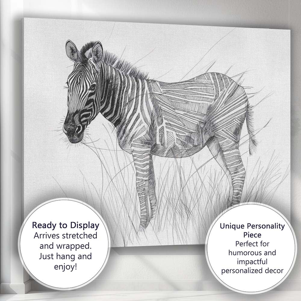 Detailed Black White Zebra Wildlife Pencil Drawing Canvas Wall Art Print Decor Picture Ready to Hang