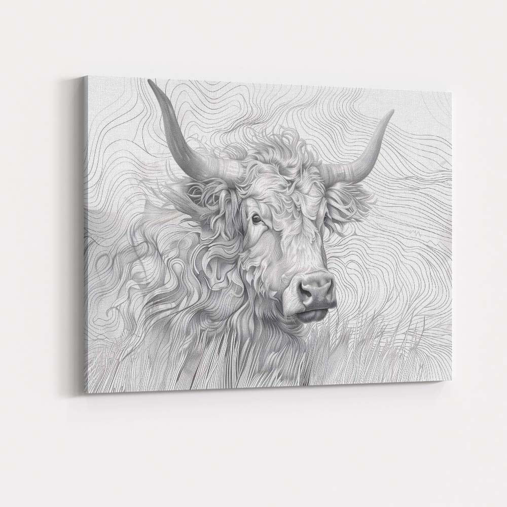 Highland Cow Portrait Fine Line Illustration Canvas Wall Art Print Decor Picture Ready to Hang