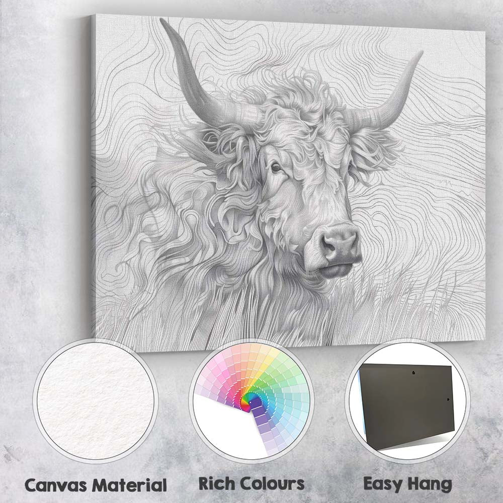 Highland Cow Portrait Fine Line Illustration Canvas Wall Art Print Decor Picture Ready to Hang