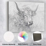 Highland Cow Portrait Fine Line Illustration Canvas Wall Art Print Decor Picture Ready to Hang