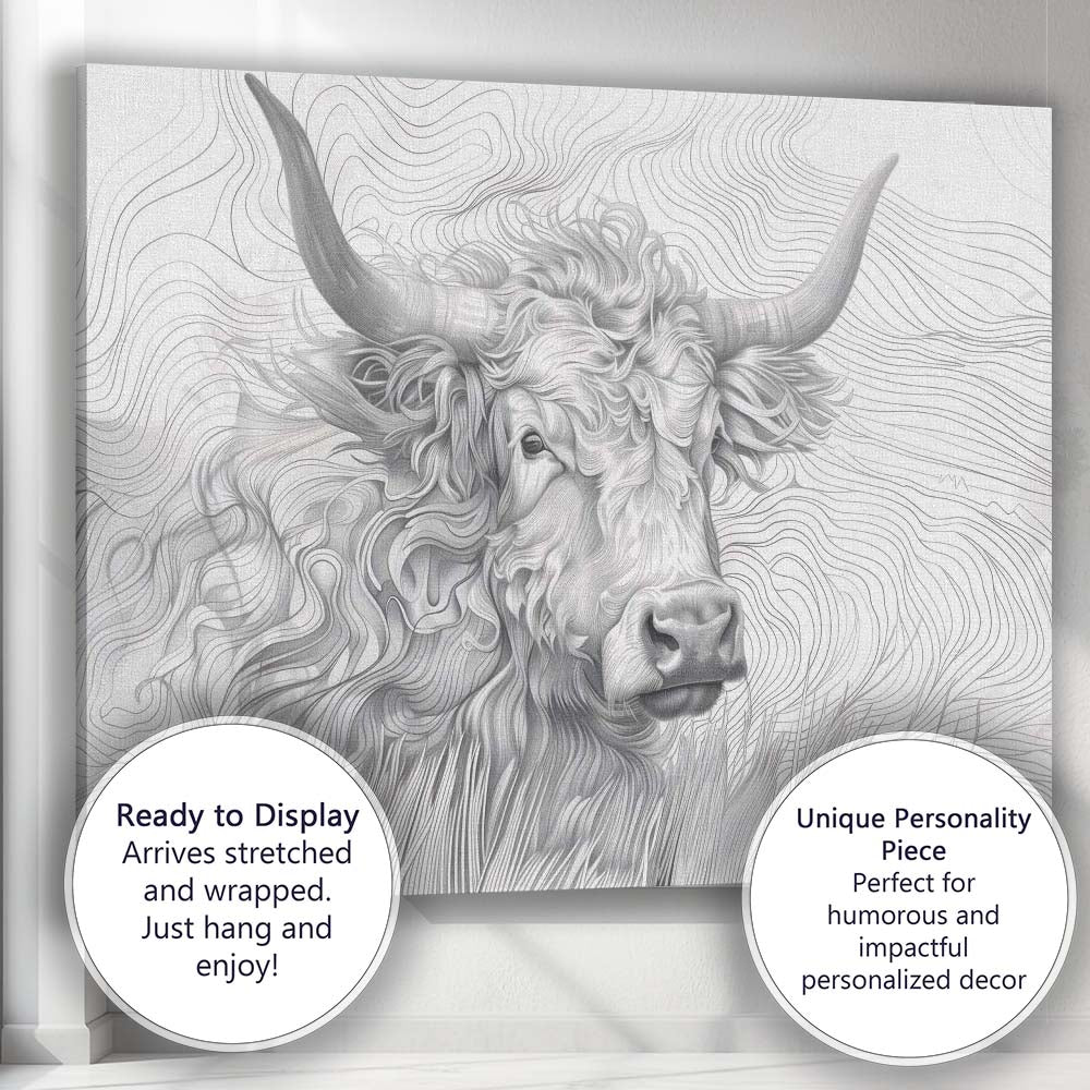 Highland Cow Portrait Fine Line Illustration Canvas Wall Art Print Decor Picture Ready to Hang