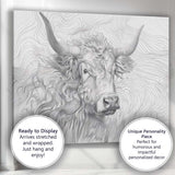 Highland Cow Portrait Fine Line Illustration Canvas Wall Art Print Decor Picture Ready to Hang
