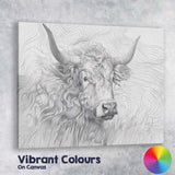 Highland Cow Portrait Fine Line Illustration Canvas Wall Art Print Decor Picture Ready to Hang