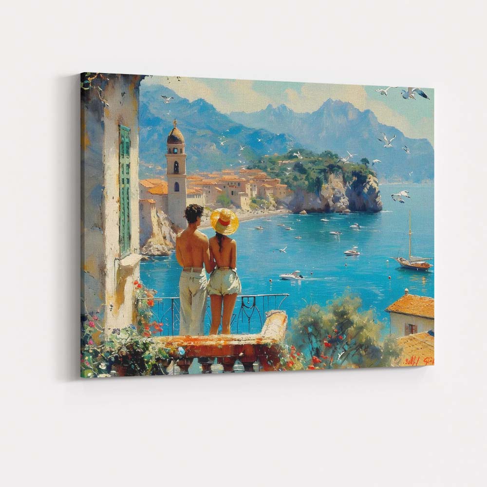 Mediterranean Coastal Village Romantic Seaside Landscape Painting Canvas Wall Art Print Decor Picture Ready to Hang