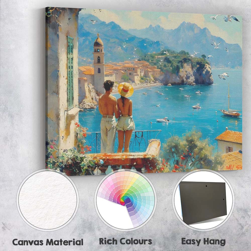 Mediterranean Coastal Village Romantic Seaside Landscape Painting Canvas Wall Art Print Decor Picture Ready to Hang