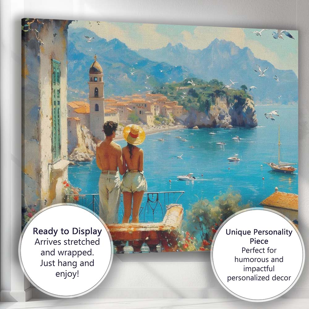 Mediterranean Coastal Village Romantic Seaside Landscape Painting Canvas Wall Art Print Decor Picture Ready to Hang