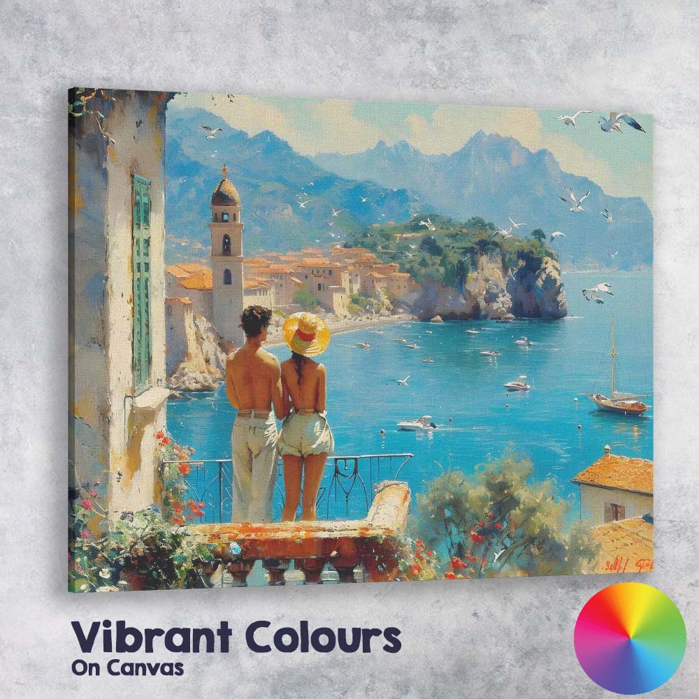 Mediterranean Coastal Village Romantic Seaside Landscape Painting Canvas Wall Art Print Decor Picture Ready to Hang