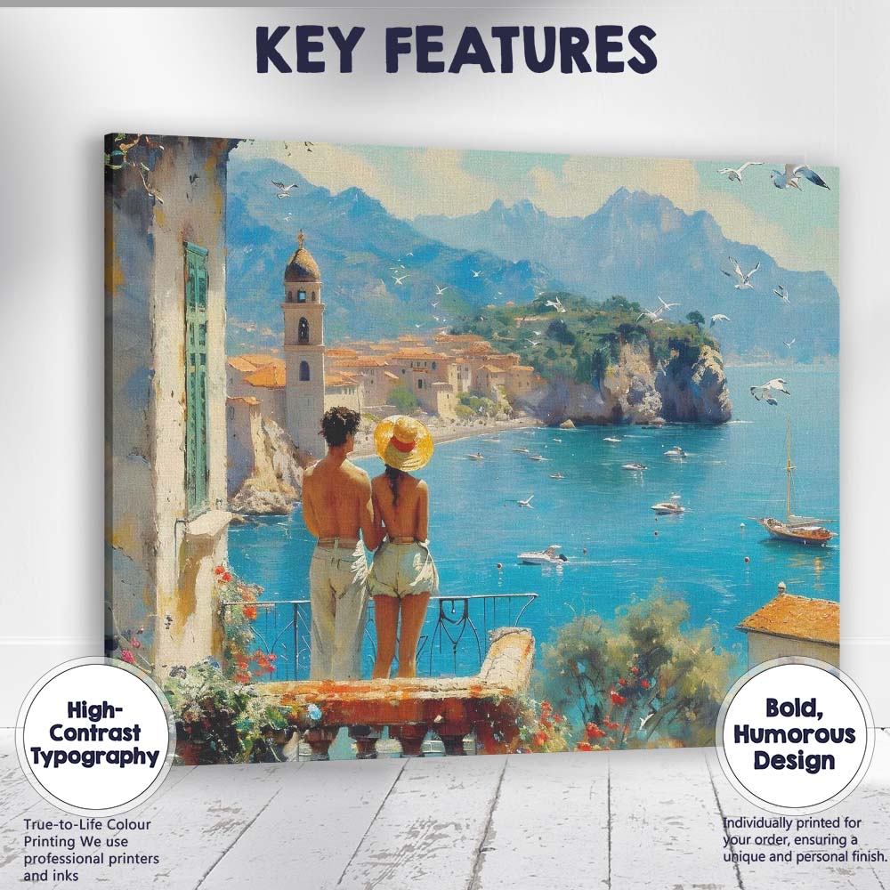 Mediterranean Coastal Village Romantic Seaside Landscape Painting Canvas Wall Art Print Decor Picture Ready to Hang