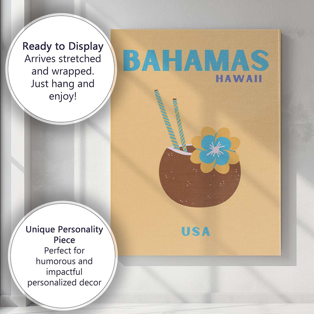 Minimalist Bahamas Hawaii Coconut Cocktail Travel Poster Canvas Wall Art Print Decor Picture Ready to Hang