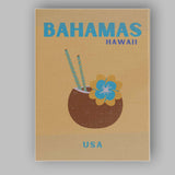 Minimalist Bahamas Hawaii Coconut Cocktail Travel Poster Canvas Wall Art Print Decor Picture Ready to Hang