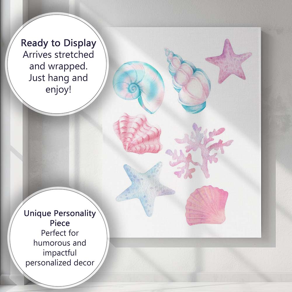 Pastel Watercolour Seashell Starfish Coral Collection Canvas Wall Art Print Decor Picture Ready to Hang