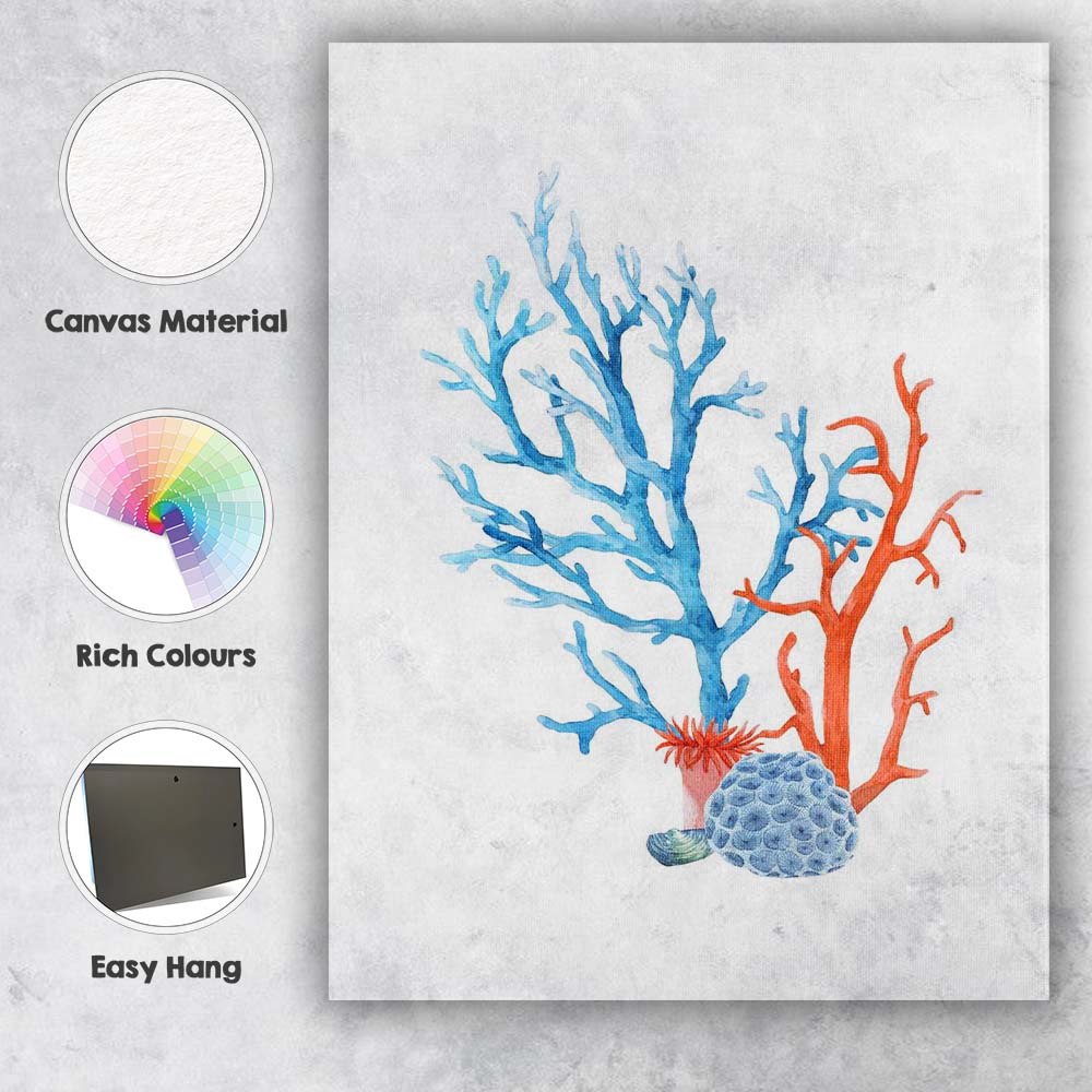 Blue and Coral Watercolour Reef Marine Botanical Canvas Wall Art Print Decor Picture Ready to Hang