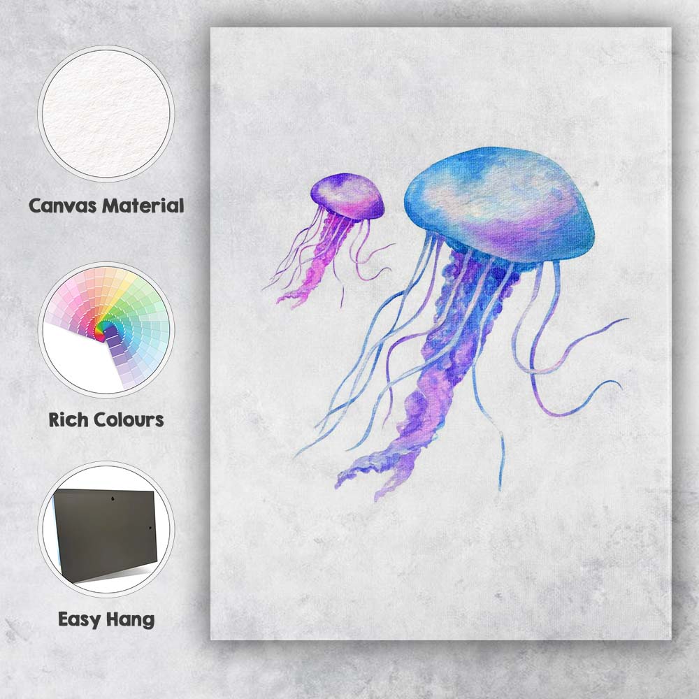 Purple Blue Watercolour Jellyfish Ocean Marine Illustration Canvas Wall Art Print Decor Picture Ready to Hang