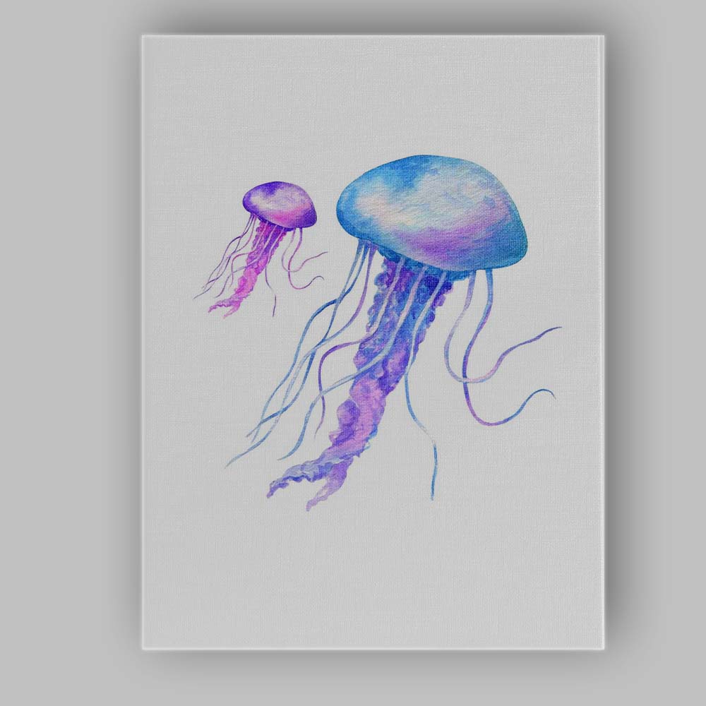Purple Blue Watercolour Jellyfish Ocean Marine Illustration Canvas Wall Art Print Decor Picture Ready to Hang
