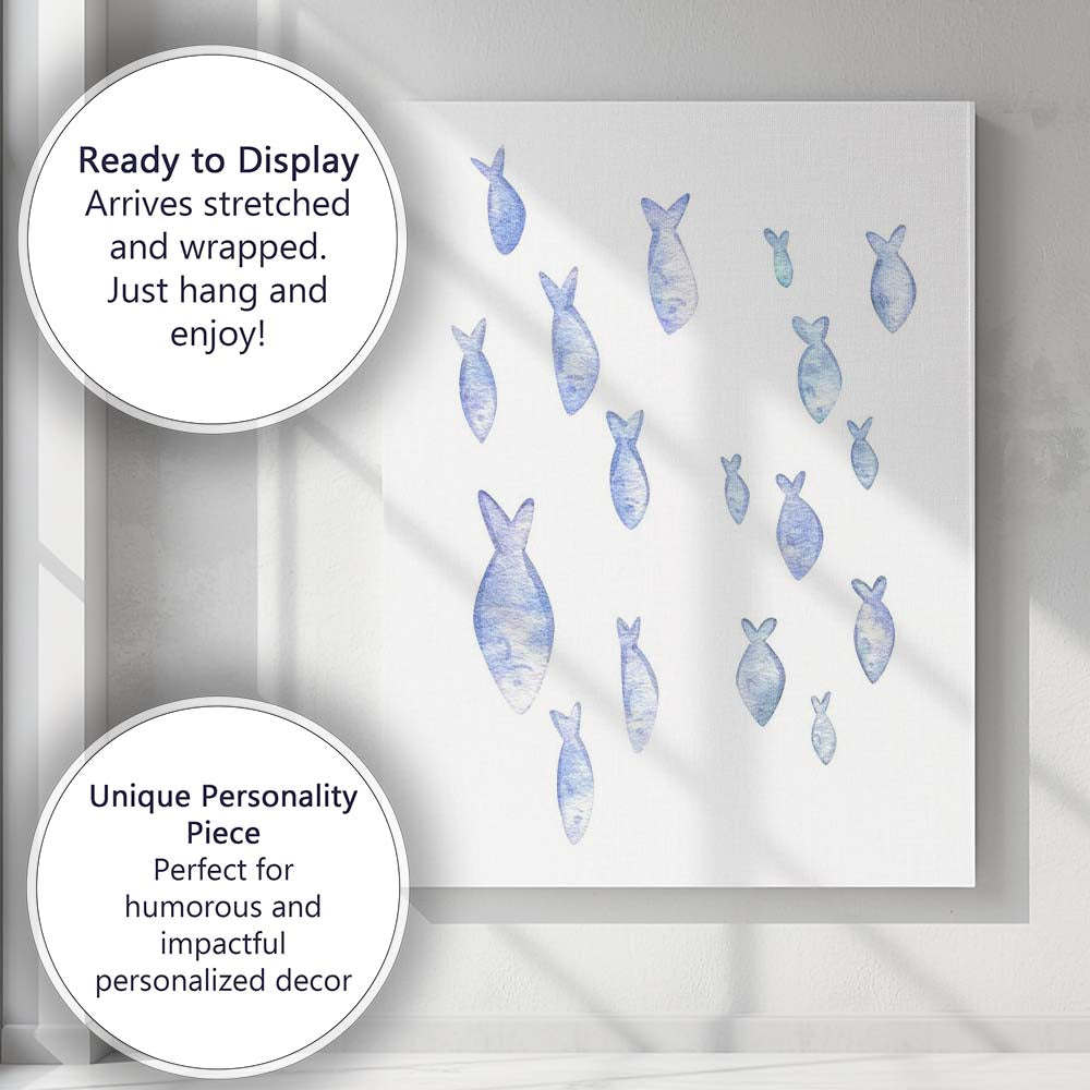 Pastel Blue Watercolour Shoal of Fish Coastal Illustration Canvas Wall Art Print Decor Picture Ready to Hang