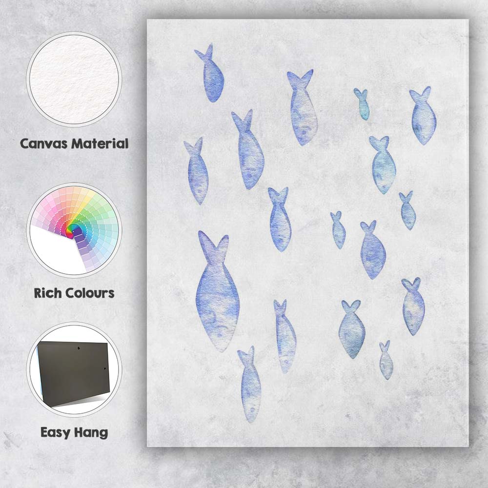 Pastel Blue Watercolour Shoal of Fish Coastal Illustration Canvas Wall Art Print Decor Picture Ready to Hang
