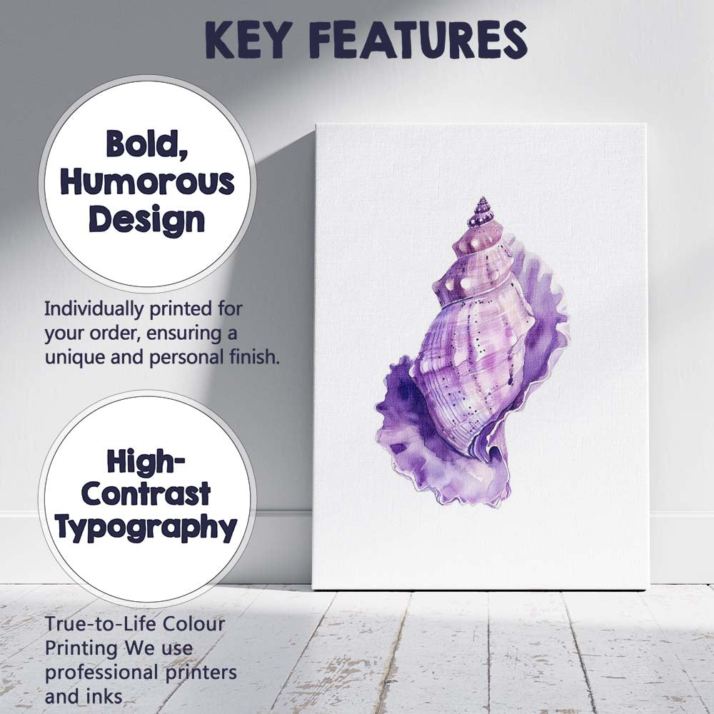 Elegant Purple Watercolour Conch Shell Coastal Illustration Canvas Wall Art Print Decor Picture Ready to Hang