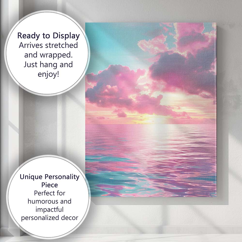 Dreamy Pink Ocean Sunset Seascape Coastal Landscape Canvas Wall Art Print Decor Picture Ready to Hang