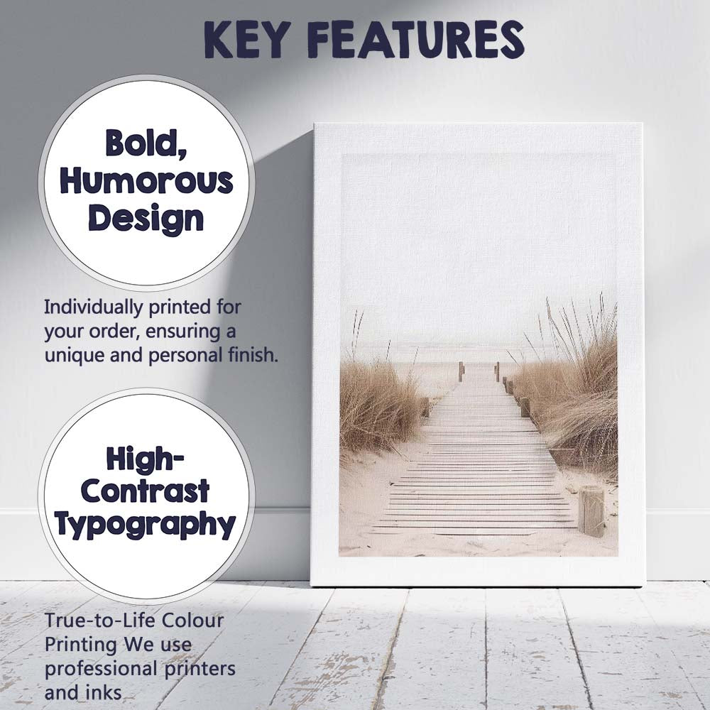 Neutral Coastal Boardwalk Through Sand Dunes Photography Canvas Wall Art Print Decor Picture Ready to Hang