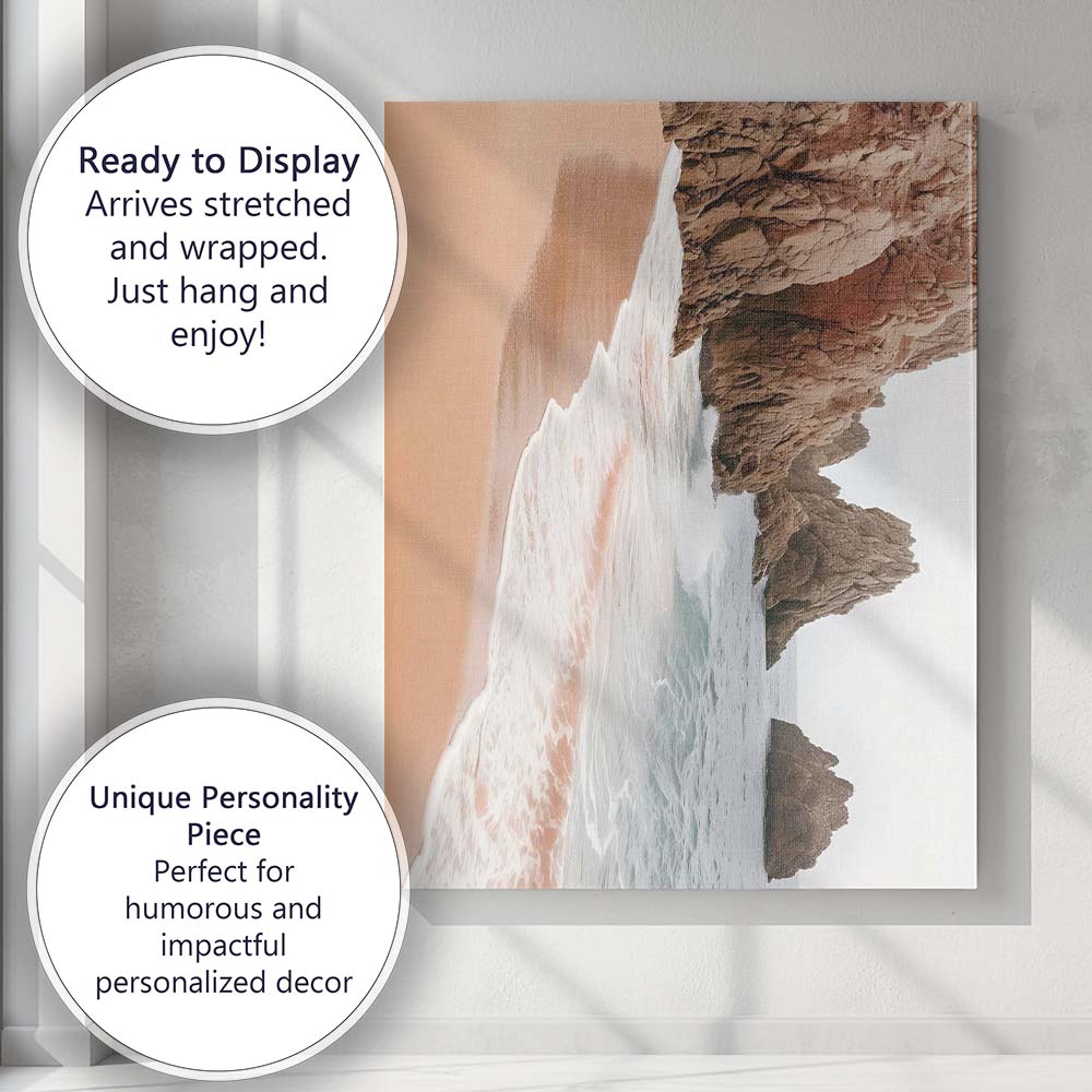 Golden Sandy Beach Rocky Coast Seascape Photography Canvas Wall Art Print Decor Picture Ready to Hang