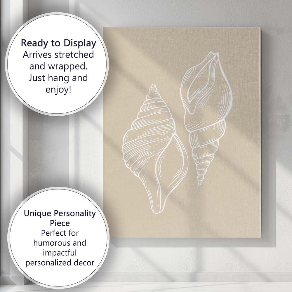 Minimalist Coastal Seashell Sketch on Warm Sand Background Canvas Wall Art Print Decor Picture Ready to Hang