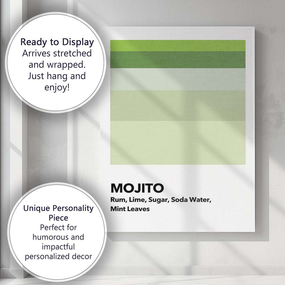 Minimalist Mojito Cocktail Ingredients Green Colour Palette Poster Canvas Wall Art Print Decor Picture Ready to Hang