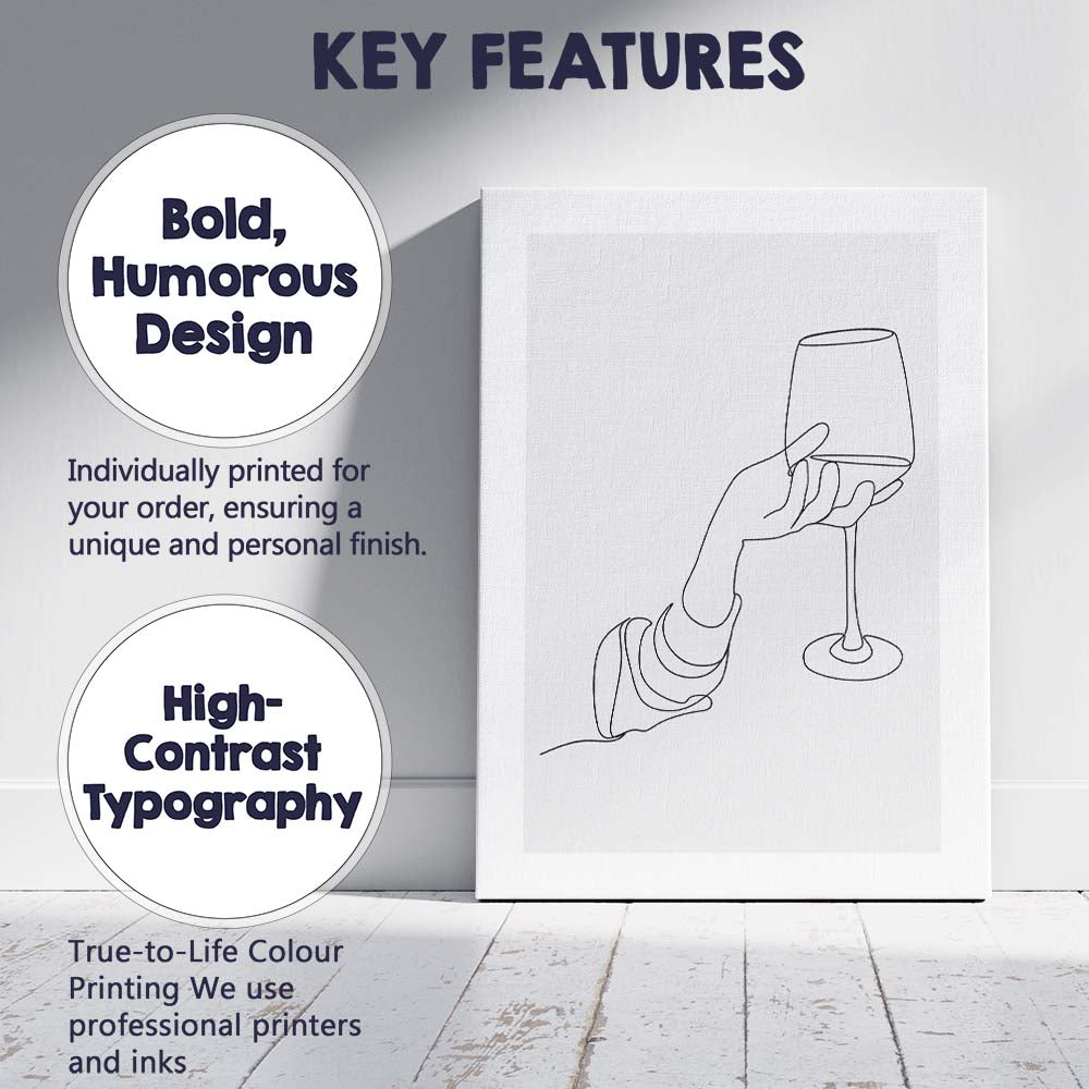 Minimalist Continuous Line Hand Holding Wine Glass Abstract Drawing Canvas Wall Art Print Decor Picture Ready to Hang