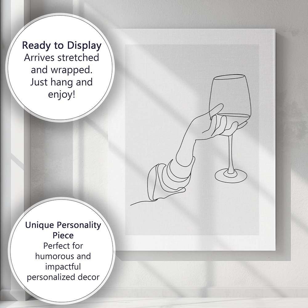 Minimalist Continuous Line Hand Holding Wine Glass Abstract Drawing Canvas Wall Art Print Decor Picture Ready to Hang
