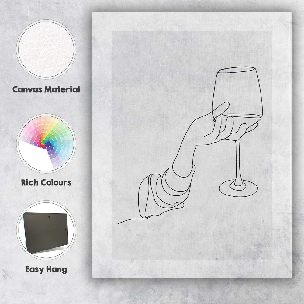 Minimalist Continuous Line Hand Holding Wine Glass Abstract Drawing Canvas Wall Art Print Decor Picture Ready to Hang