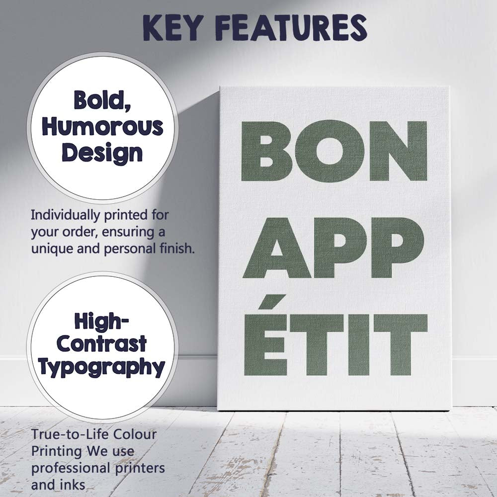 Minimalist Bon Appetit Sage Green Typography Kitchen Quote Canvas Wall Art Print Decor Picture Ready to Hang