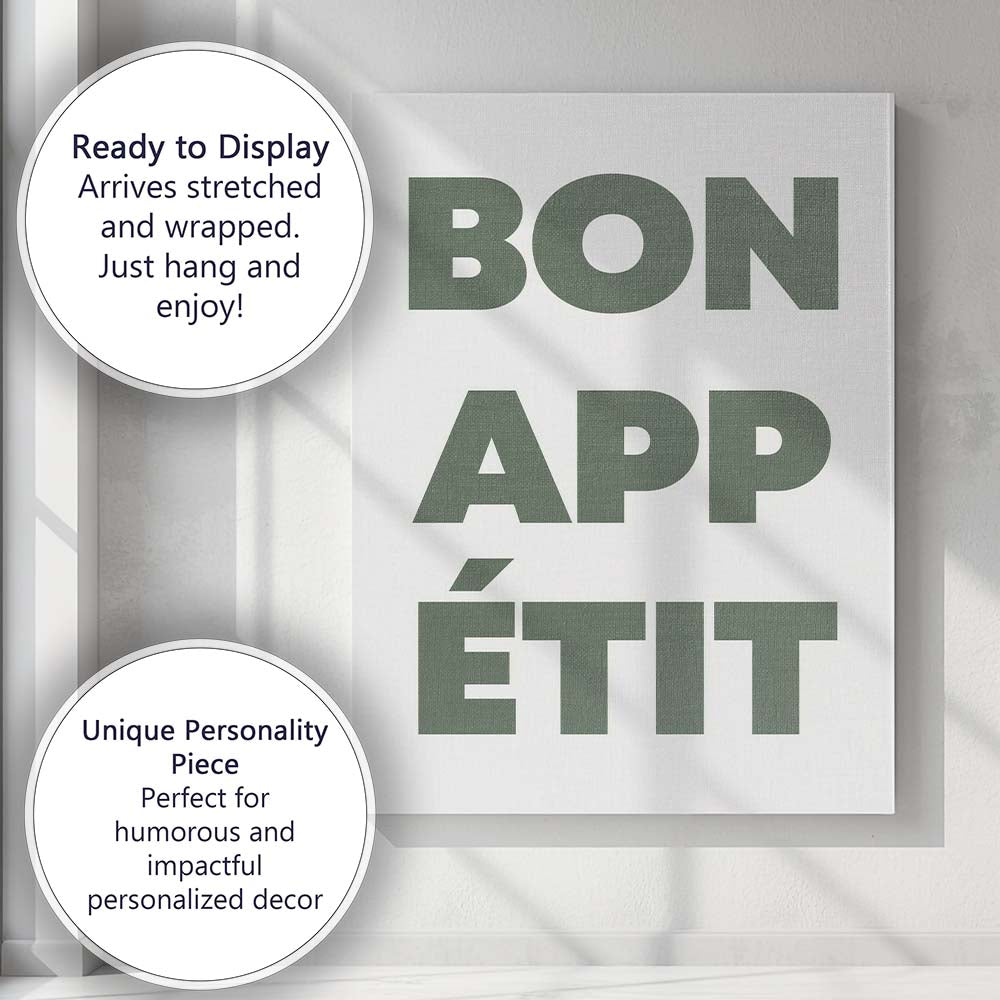Minimalist Bon Appetit Sage Green Typography Kitchen Quote Canvas Wall Art Print Decor Picture Ready to Hang