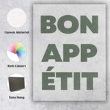 Minimalist Bon Appetit Sage Green Typography Kitchen Quote Canvas Wall Art Print Decor Picture Ready to Hang