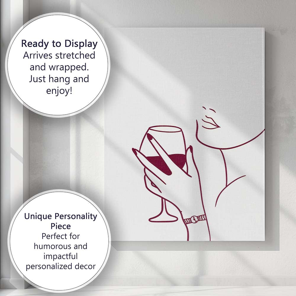 Minimalist Line Art Woman Holding Red Wine Glass Canvas Wall Art Print Decor Picture Ready to Hang