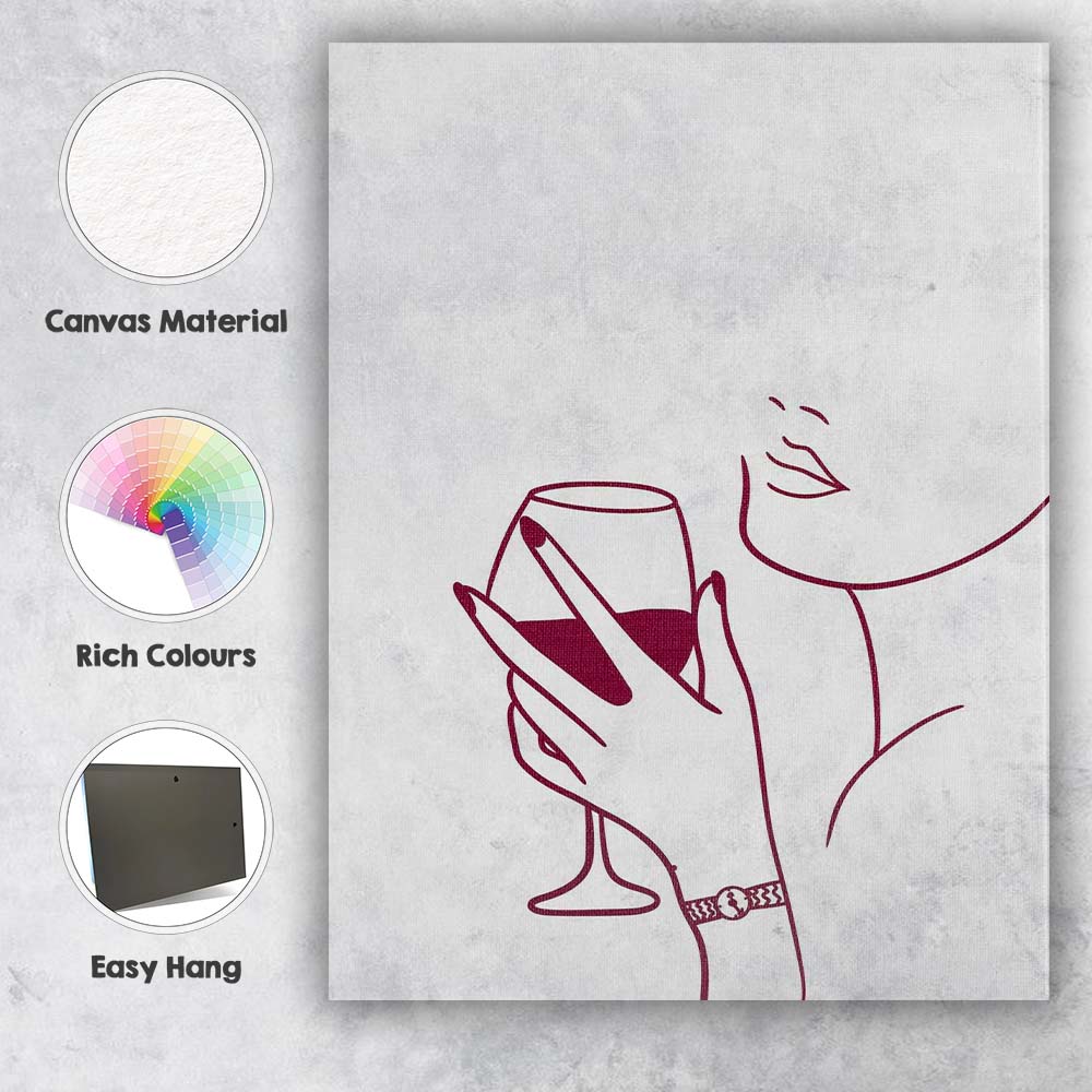 Minimalist Line Art Woman Holding Red Wine Glass Canvas Wall Art Print Decor Picture Ready to Hang