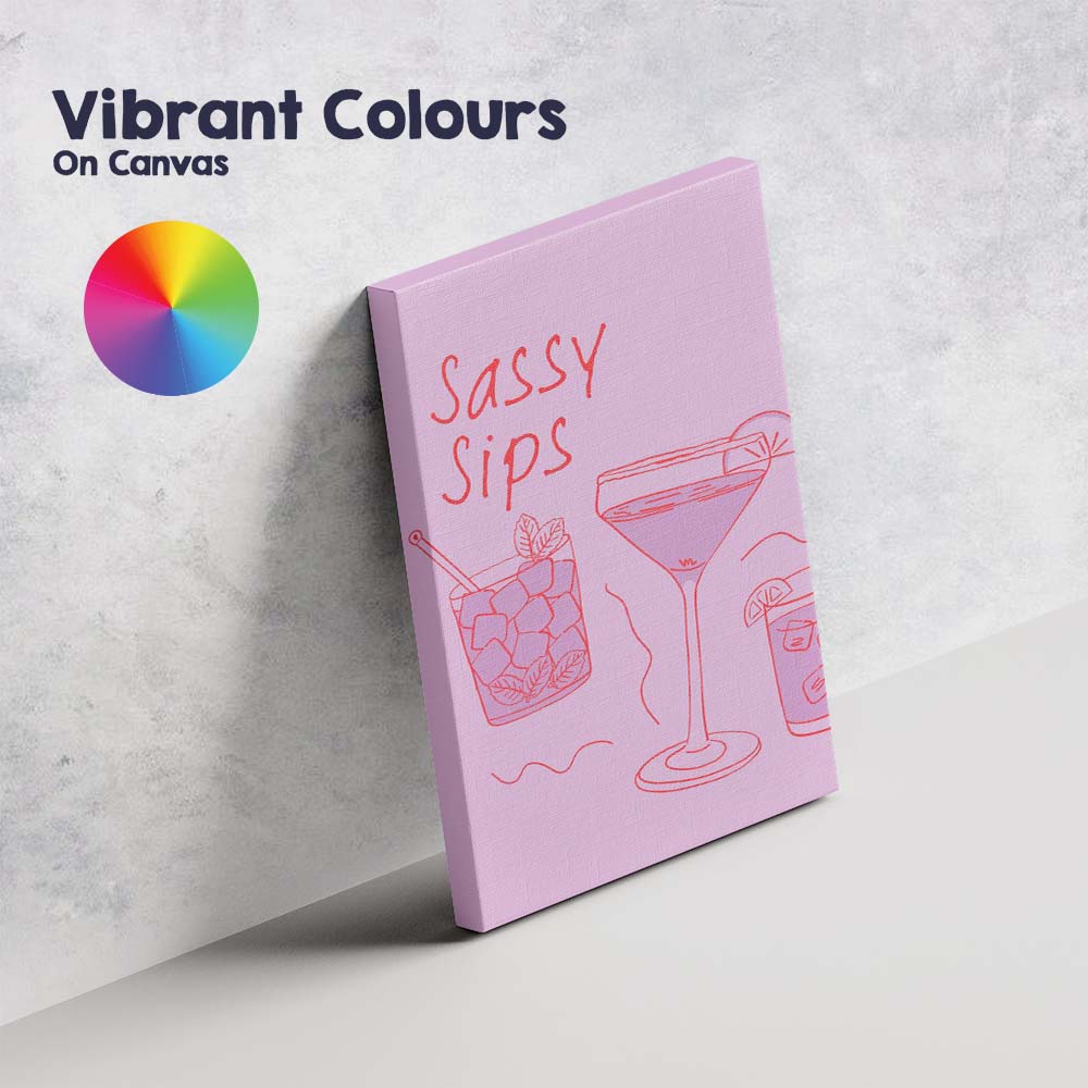 Pink Sassy Sips Cocktail Bar Line Art Illustration Canvas Wall Art Print Decor Picture Ready to Hang