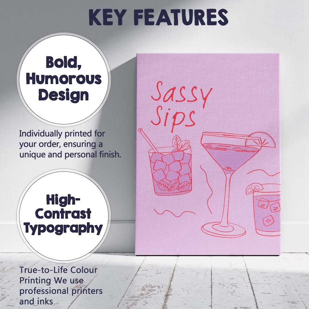 Pink Sassy Sips Cocktail Bar Line Art Illustration Canvas Wall Art Print Decor Picture Ready to Hang