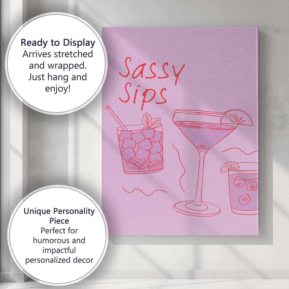 Pink Sassy Sips Cocktail Bar Line Art Illustration Canvas Wall Art Print Decor Picture Ready to Hang