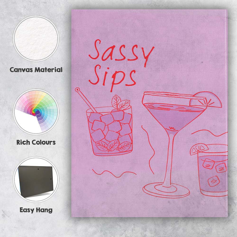 Pink Sassy Sips Cocktail Bar Line Art Illustration Canvas Wall Art Print Decor Picture Ready to Hang