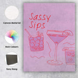 Pink Sassy Sips Cocktail Bar Line Art Illustration Canvas Wall Art Print Decor Picture Ready to Hang